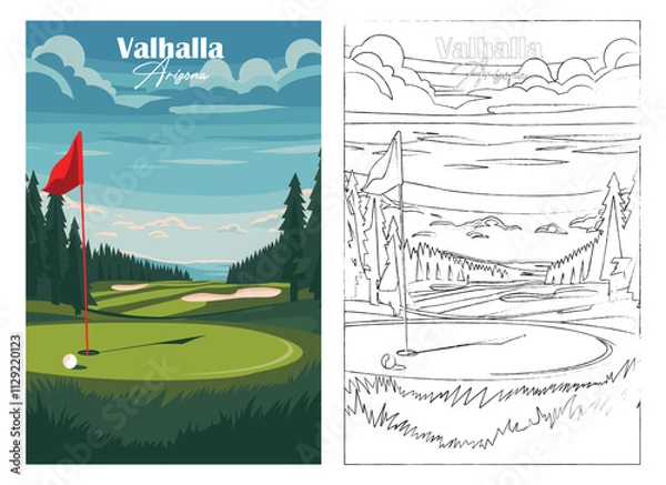 Obraz Golf Course. Vector modern illustration of Valhalla Golf Club with club and hole, golf course for poster, flyer, invitation, ticket or background