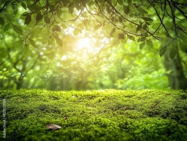 Fototapeta A lush forest floor with bright green moss and filtered sunlight, offering a natural and vibrant background for versatile use