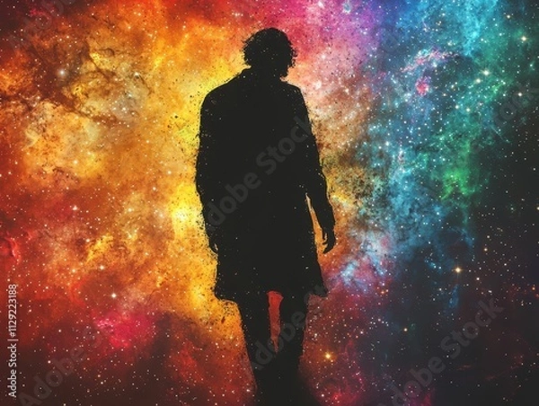 Fototapeta Mystical shadow of a man against a cosmic background surreal art digital illustration vibrant colors profile view human existence
