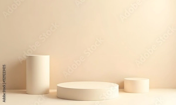 Fototapeta Minimal beige product display and presentation round podium. Modern 3d platform on beige background with sunlight. Geometric base space design in advertising display studio.