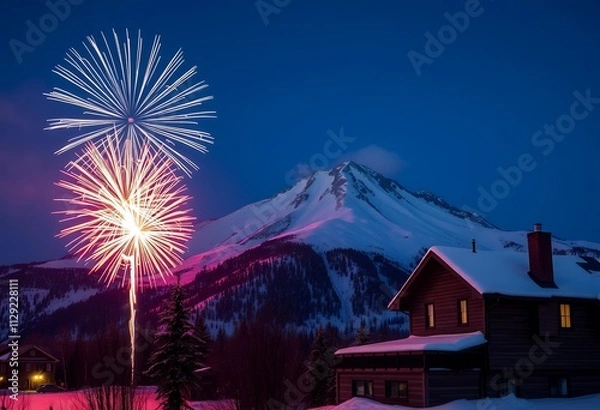 Obraz Festive Fireworks over Snowy Mountain Cabin Winter Night