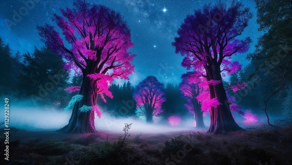 Fototapeta a cinematic photograph of a mystical forest bathed in an ethereal ambiance, where towering trees with radiant, glowing leaves in vibrant neon purple and turquoise hues stand tall, set against a celest