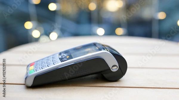 Fototapeta Contactless payment terminal lying on a table in a blurred background