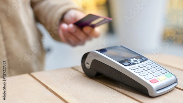 Obraz Person paying with contactless credit card at pos terminal