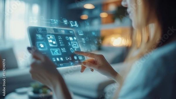 Obraz Homeowner managing smart home features through a tablet interface in a modern setting. : Internet of Things (IoT) in Smart Homes