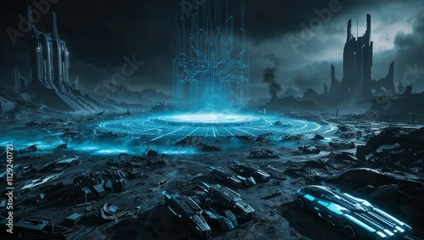 Fototapeta a cinematic, high-contrast photograph of a sprawling, desolate open-world game environment bathed in an ethereal blue glow, where a complex digital grid pulsates with an otherworldly energy, amidst a 