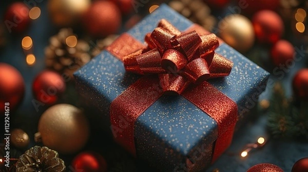 Fototapeta A Blue Christmas Gift Box With Red Ribbon