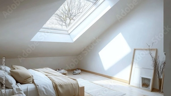 Fototapeta Minimalist attic bedroom with sloped ceilings and skylights