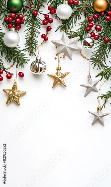 Fototapeta christmas festive holiday decoration with a border of pine branches, red berries, and various Christmas ornaments in red, white, and silver hues. The decorations hang from the top, l	