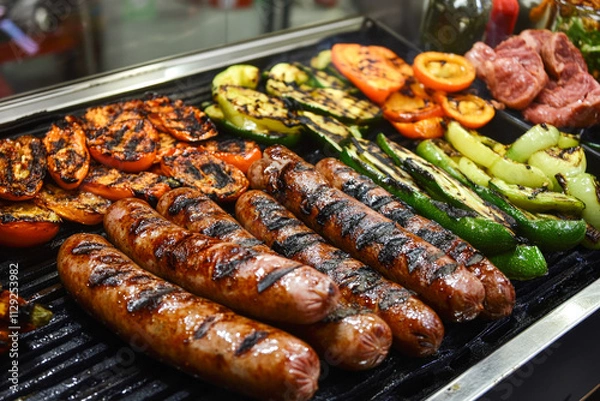 Obraz Grilled sausages and vegetables on barbecue grill with searing marks