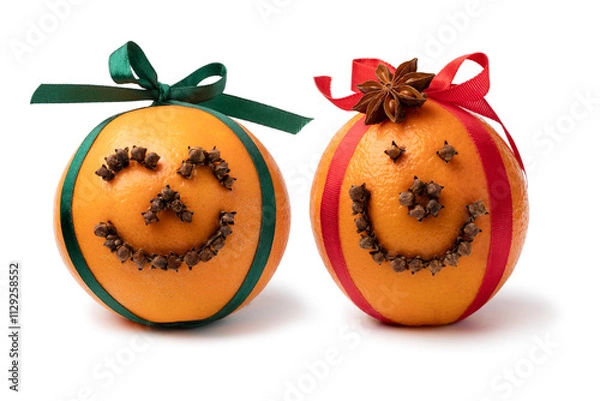 Fototapeta Pair of traditional orange happy Christmas pomanders isolated on white background close up