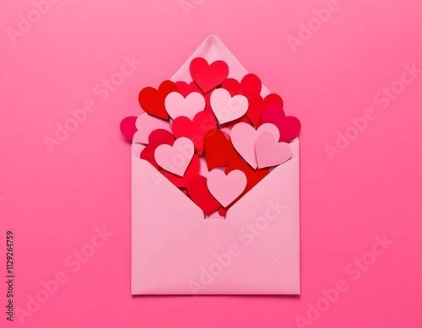 Obraz Valentines' day happy new year wedding anniversary Christmas Celebration background. White postcard mockup on background of red and white hearts. Saint Valentine. Flat lay, top view, copy space