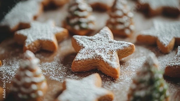Fototapeta A close-up of Christmas cookies shaped like stars and trees dusted with powdered sugar.