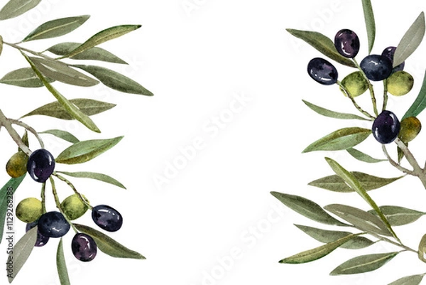 Fototapeta Olive branch with green and black olive berries watercolor illustration.Watercolor frame of olive branches. Hand drawn botanical illustration for design.