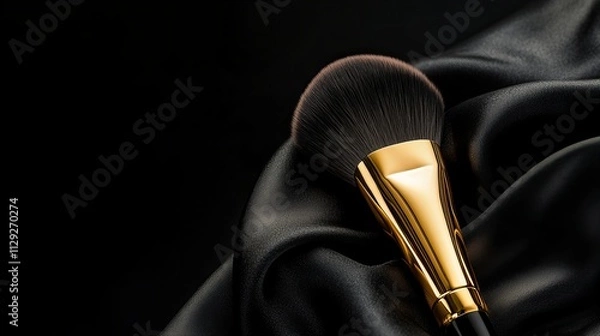 Fototapeta Elegant makeup brush resting on a luxurious black satin fabric, showcasing its polished gold handle and soft bristles.