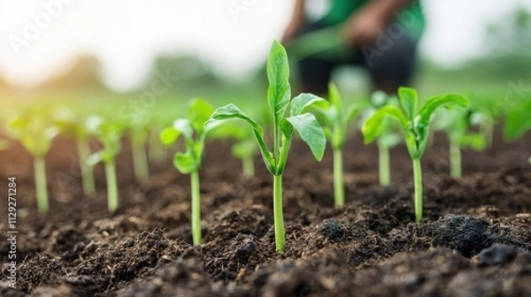 Fototapeta Green Seedlings Growing in Rich Soil Under Bright Sunlight with Farmer in Background, Symbolizing Sustainable Agriculture and Healthy Crop Production Practices