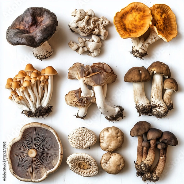 Fototapeta Overhead view of different varieties of mushroom and fungi illustration. Mushrooms Supplements and Healthy Mixes