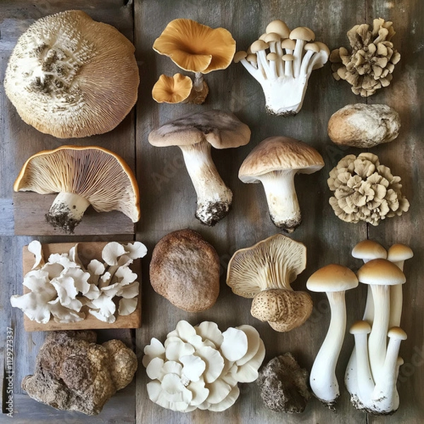 Fototapeta Overhead view of different varieties of mushroom and fungi illustration. Mushrooms Supplements and Healthy Mixes