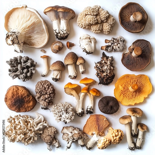 Fototapeta Overhead view of different varieties of mushroom and fungi illustration. Mushrooms Supplements and Healthy Mixes