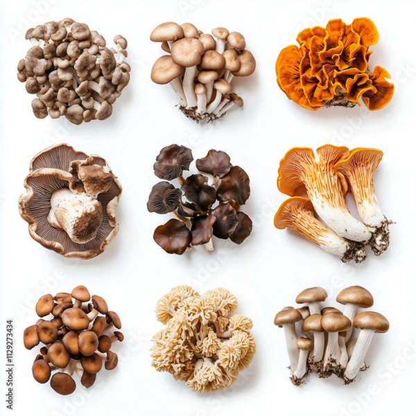 Fototapeta Overhead view of different varieties of mushroom and fungi illustration. Mushrooms Supplements and Healthy Mixes