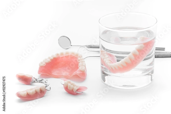 Obraz Set of Denture in glass of water and tools  on white background