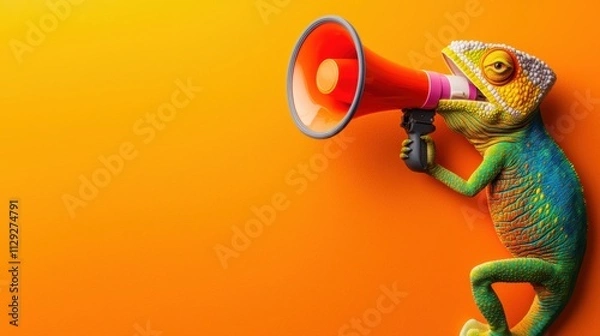 Obraz Vibrant chameleon holding a megaphone on an orange background playful concept for bold announcements and creative messages