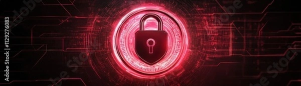 Obraz Futuristic digital lock symbol with red glowing effect on dark background.