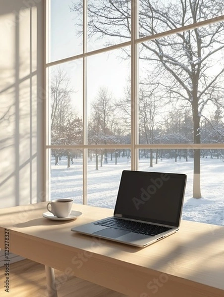 Fototapeta A sleek laptop in a modern office with snowy city views, perfect for winter-themed mockups and professional content