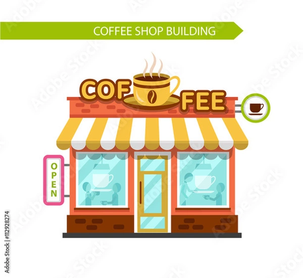 Obraz Coffee shop building facade. Signboard with big hot cup of coffee. People eating and drinking at the tables inside the building. Flat style vector illustration. Isolated on white background.