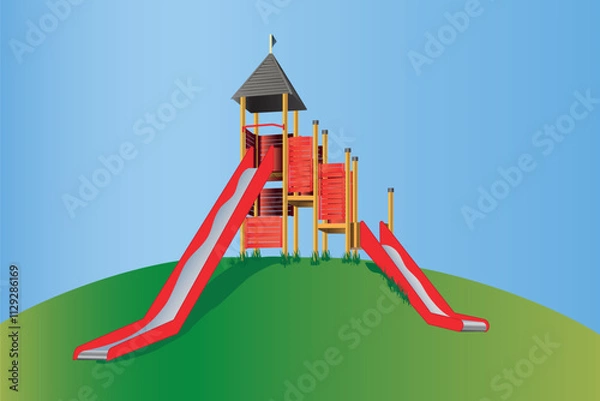 Obraz Castle climbing frame with two slides on a green hill on a playground. Yellow frame with red planks and red with silver slide and a witte gray roof.