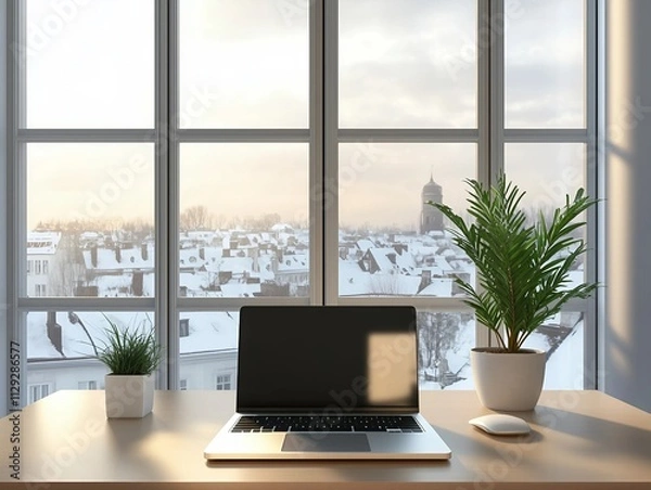 Fototapeta A modern office with minimalist decor and snowy rooftop views, ideal for professional and winter-themed designs.