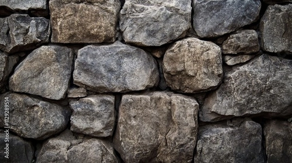 Fototapeta A close-up view of a rugged stone wall made up of various sized rocks.