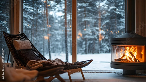 Fototapeta A serene living room with a fireplace a person lounging on a chaise by the large window gazing at the soft snowflakes falling outside.