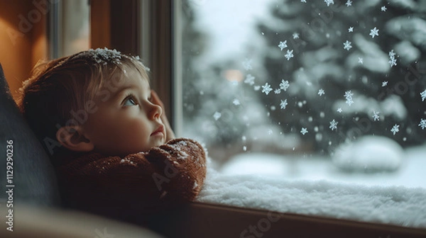 Fototapeta A small child leaning on a windowsill in a cozy living room watching big snowflakes stick to the glass as the snow falls heavily outside.