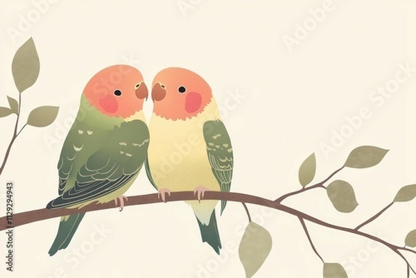 Fototapeta Two colorful, cartoon-style parrots snuggle together on a branch, surrounded by soft leaves, creating a warm and affectionate scene.