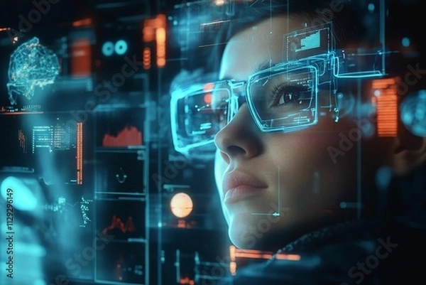 Fototapeta Person wearing glasses, interacting with digital data.