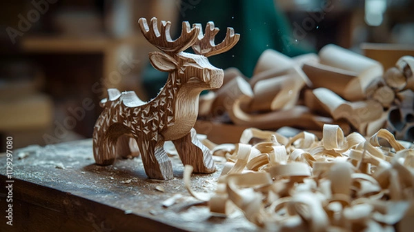 Fototapeta A wooden reindeer toy being carved by hand by a skilled elf in the workshop with shavings scattered around.