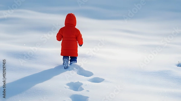 Fototapeta A young child in a bright coat running through deep snow their footprints leaving a trail behind them in the untouched snow.