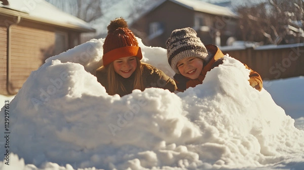 Fototapeta Children building an igloo together in a backyard packing snow into blocks smiling as they work.