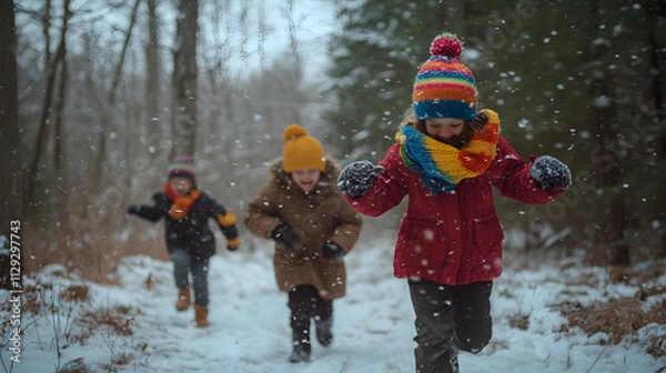 Fototapeta Children chasing each other through a snowy forest their colorful hats and scarves bouncing as they run.