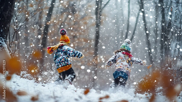 Fototapeta Children chasing each other through a snowy forest their colorful hats and scarves bouncing as they run.