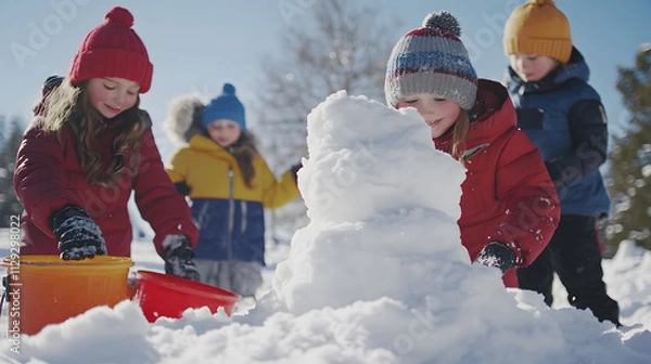 Fototapeta Children collecting snow in buckets to build an icy tower carefully stacking the snow into a unique structure.