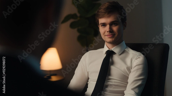 Obraz Confident young businessman in suit engaging during interview for career planning discussion