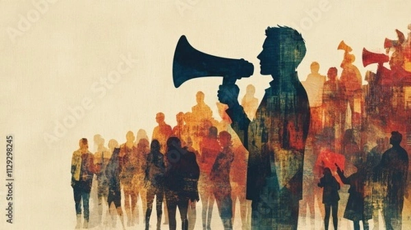 Fototapeta A man speaking through a megaphone to a large crowd.  Diverse people listen attentively.
