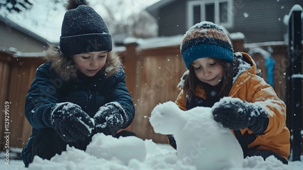 Fototapeta Children making snow animals in a backyard sculpting snow into playful shapes concentrating on every detail.