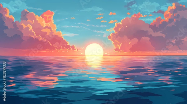 Fototapeta Sunrise and cloudy blue sky over calm sea or ocean, panoramic view of sea horizon, idyllic seascape nature composition generative ai. Horizon. Illustration