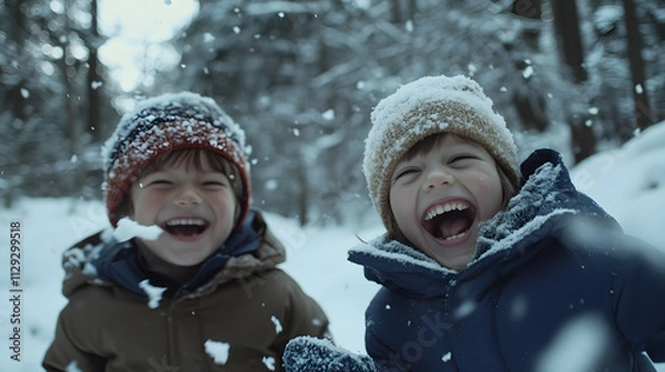 Fototapeta Children playing joyfully in a snowy forest their warm clothing contrasting with the white snow around them.