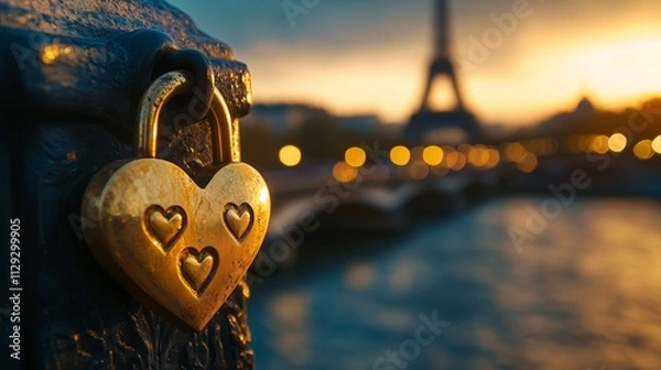 Fototapeta Golden love lock with engraved hearts on bridge in Paris, sunset lighting, romantic atmosphere, soft bokeh