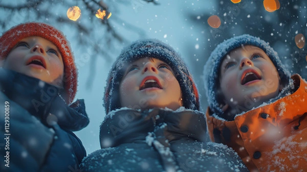 Fototapeta Children standing together in the snow their breath visible in the cold air faces lit up with excitement and joy.