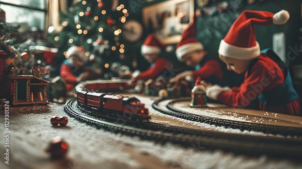 Fototapeta Elves assembling a miniature train set in the Christmas workshop tracks winding across the room.